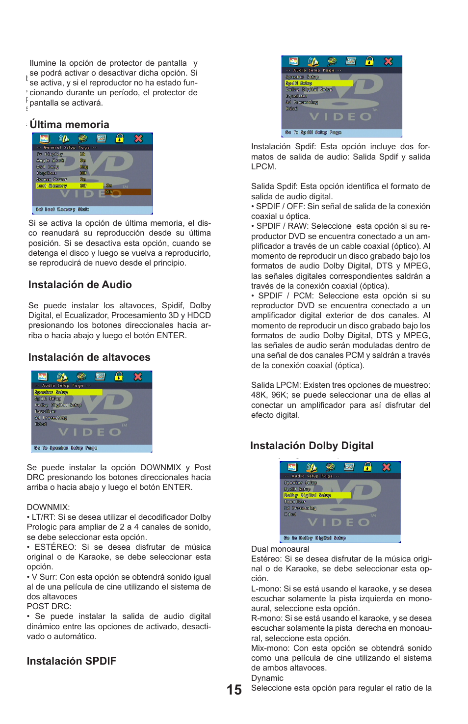 Audio setup, Dolby digital setup, Instalación de audio | Instalación de altavoces, Instalación spdif, Instalación dolby digital | Continental Electric CEPDV97785 User Manual | Page 16 / 22