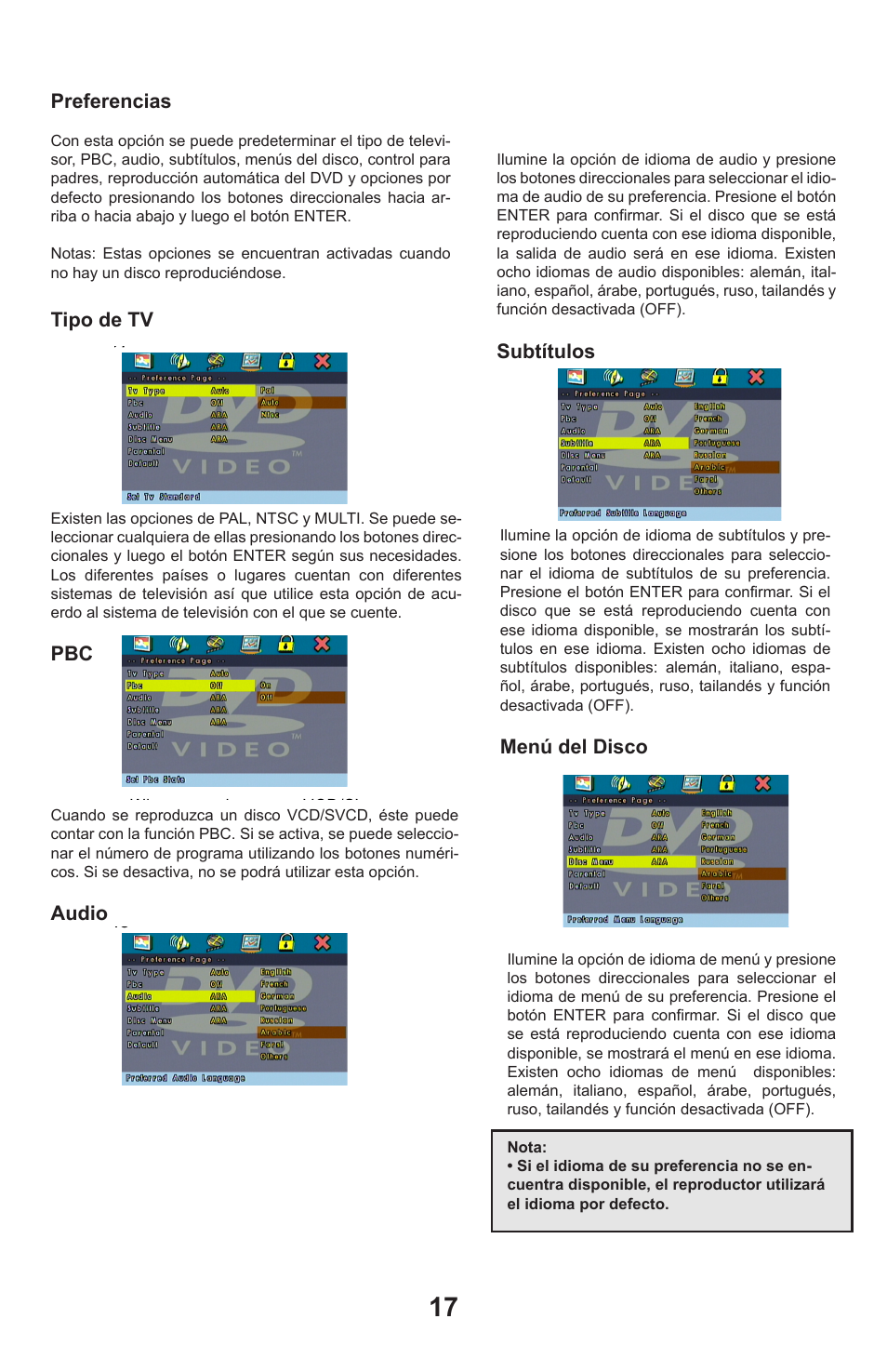 Prfernce, Subtitle, Disc menu | Tv type, Audio, Preferencias, Tipo de tv, Subtítulos, Menú del disco | Continental Electric CEPDV97785 User Manual | Page 18 / 22