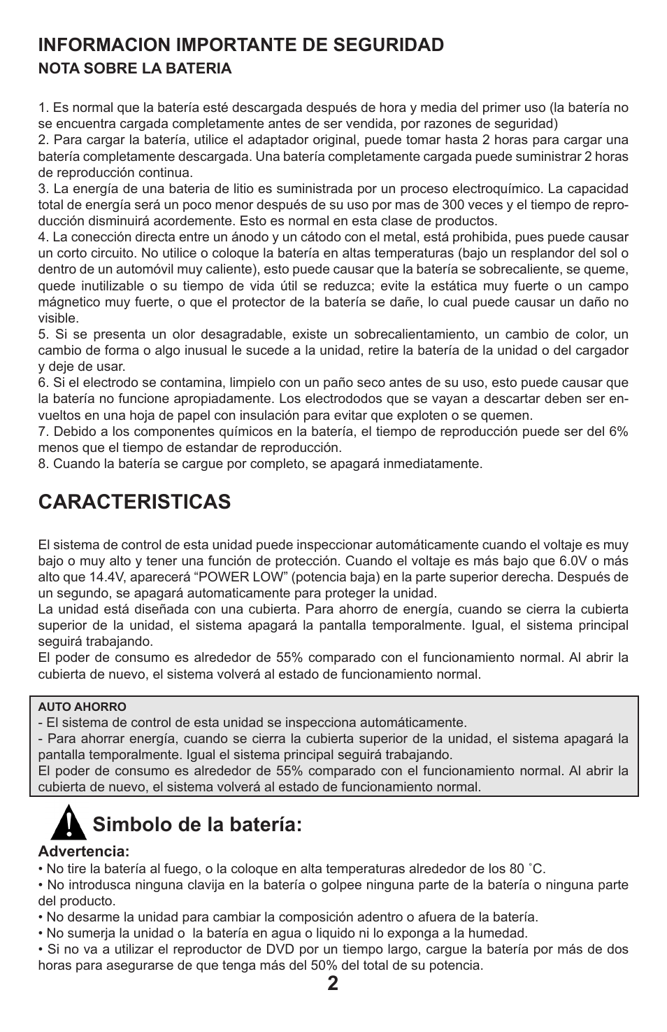 Caracteristicas, Simbolo de la batería, Informacion importante de seguridad | Continental Electric CEPDV97785 User Manual | Page 3 / 22