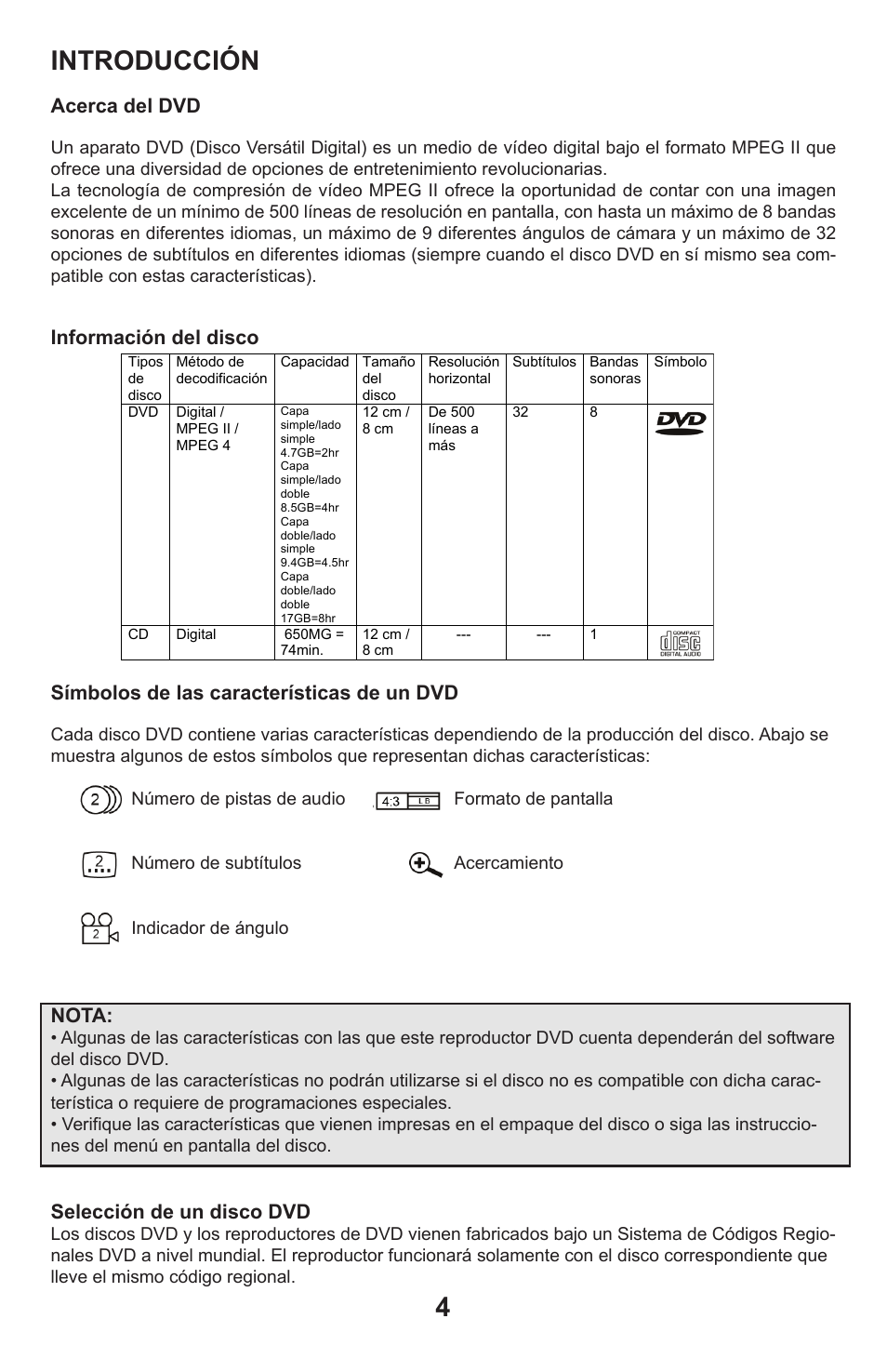 Introducción, Acerca del dvd, Información del disco | Símbolos de las características de un dvd, Nota, Selección de un disco dvd | Continental Electric CEPDV97785 User Manual | Page 5 / 22