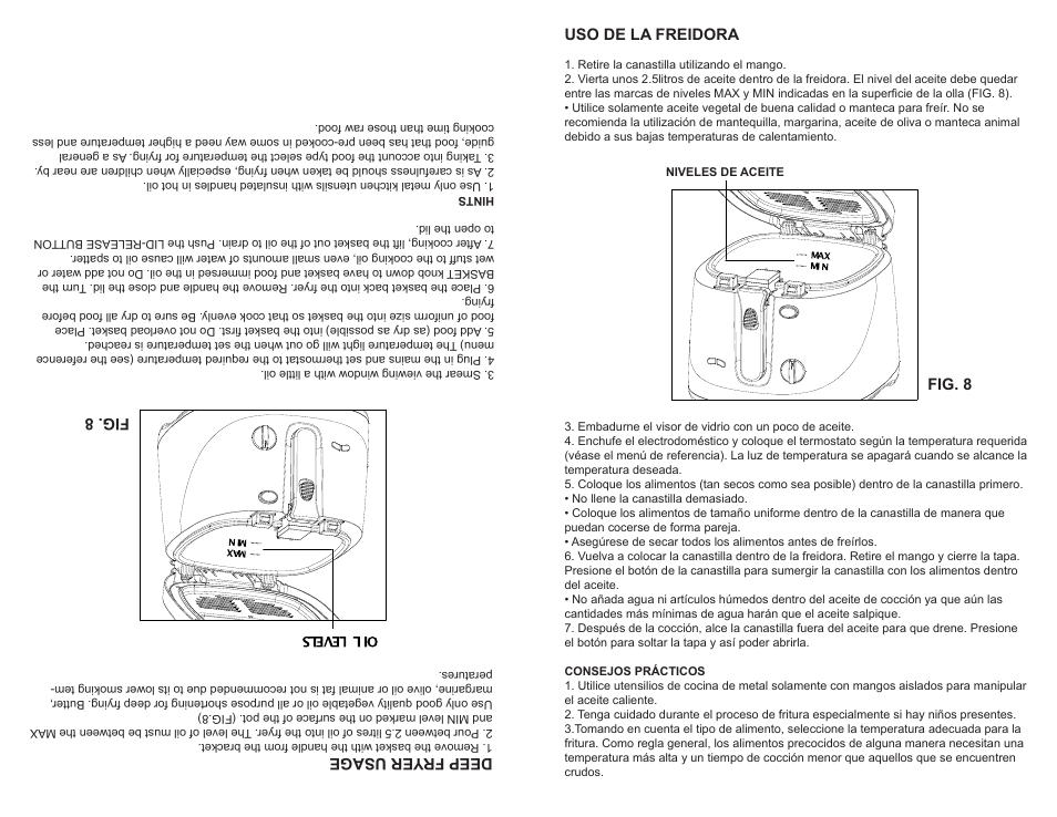 Deep fr yer usage, Fig. 8, Uso de la freidora | Continental Electric CE23379 User Manual | Page 15 / 16