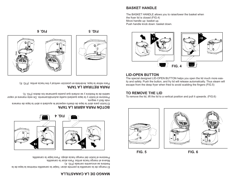 Basket handle, Lid-open button, Fig. 4 | Botón para abrir la tap a, Para retirar la t apa | Continental Electric CE23379 User Manual | Page 5 / 16