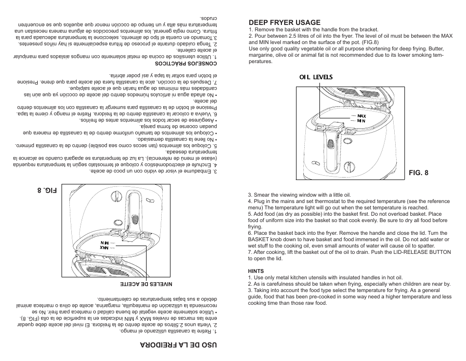 Deep fryer usage, Fig. 8, Uso de la freidora | Continental Electric CE23379 User Manual | Page 7 / 16