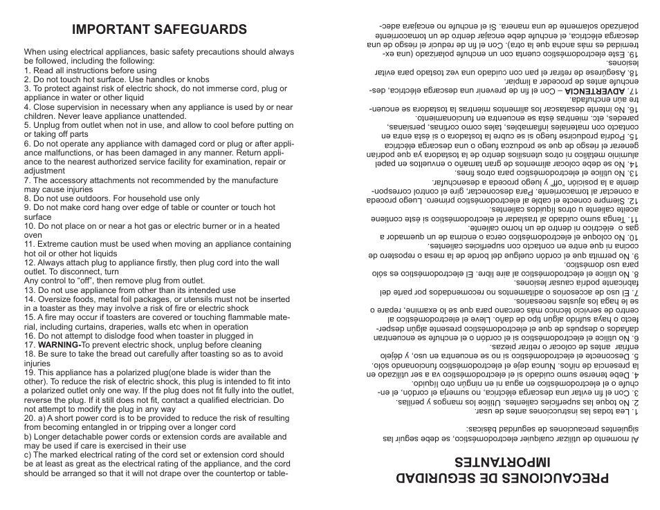 Precauciones de seguridad importantes, Important safeguards | Continental CE23451 User Manual | Page 2 / 4