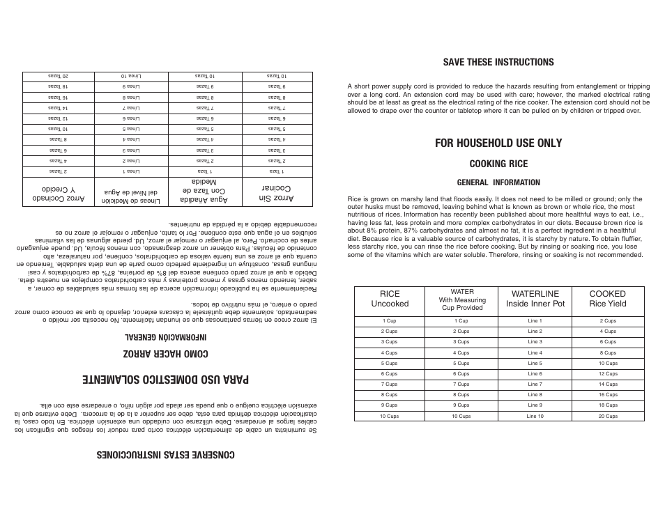 For household use only, Para uso domestico solamente, Save these instructions | Cooking rice, Conserve estas instrucciones, Como hacer arroz, General information, Información general, Arroz sin cocinar | Continental Electric CE23261 User Manual | Page 3 / 8