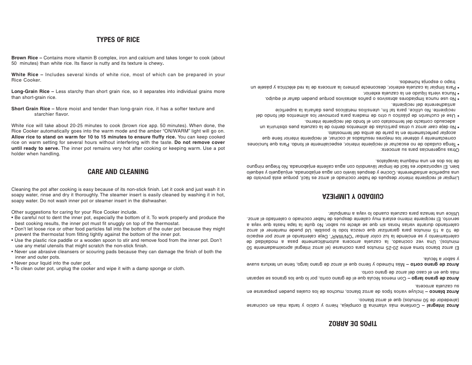 Types of rice, Care and cleaning, Tipos de arroz | Cuidado y limpieza | Continental Electric CE23261 User Manual | Page 4 / 8