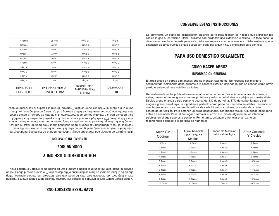 For household use only, Para uso domestico solamente, Save these instructions | Cooking rice, Conserve estas instrucciones, Como hacer arroz, General information, Información general, Arroz sin cocinar | Continental Electric CE23261 User Manual | Page 7 / 8