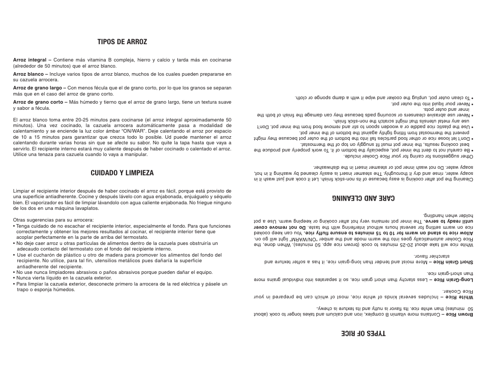 Types of rice, Care and cleaning, Tipos de arroz | Cuidado y limpieza | Continental Electric CE23261 User Manual | Page 8 / 8