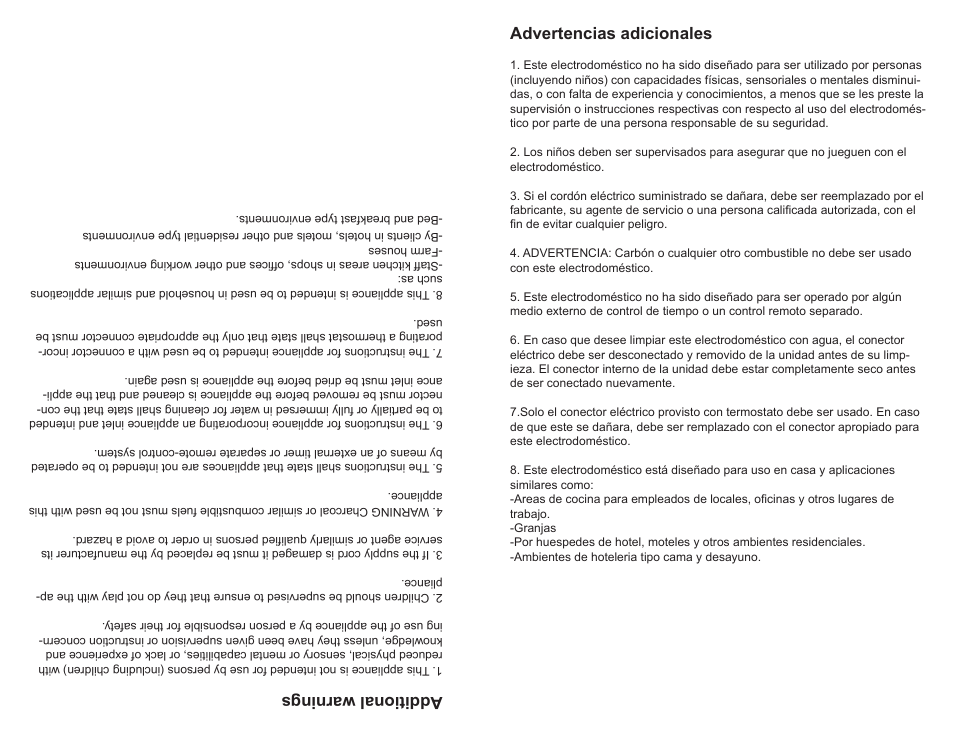 Additional warnings, Advertencias adicionales | Continental Electric CE23751 User Manual | Page 14 / 14