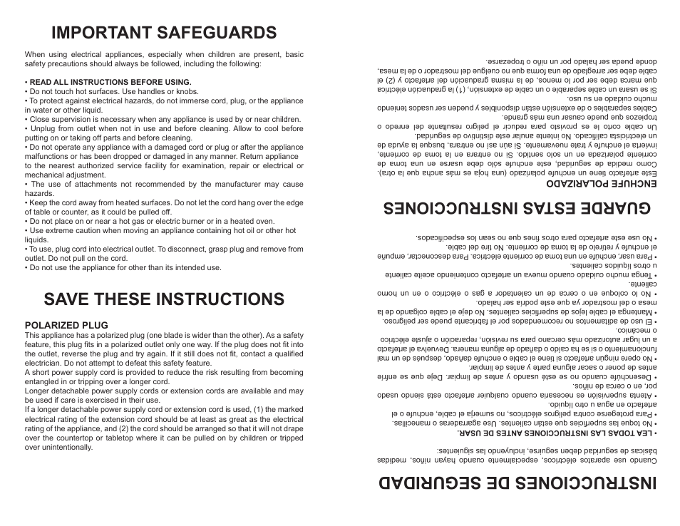 Important safeguards, Save these instructions, Instrucciones de seguridad | Guarde estas instrucciones | Continental Electric CE23831 User Manual | Page 2 / 4