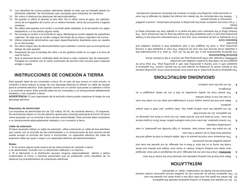 Installa tion, Grounding instructions, Instrucciones de conexión a tierra | Continental Electric CE21111 User Manual | Page 16 / 24