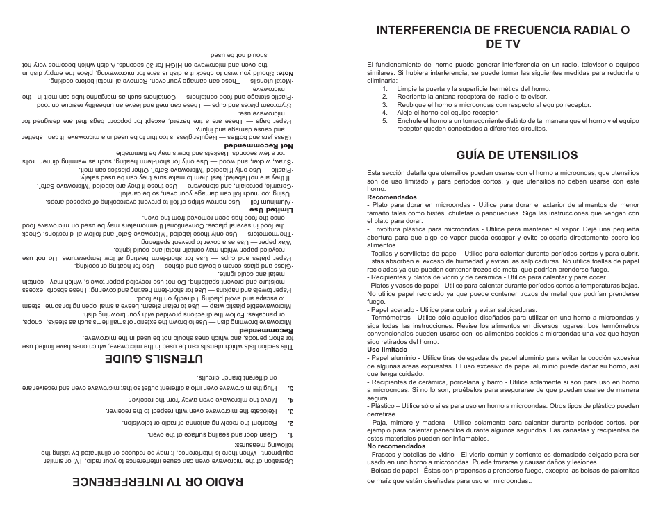 Radio or tv interference, Utensils guide, Interferencia de frecuencia radial o de tv | Guía de utensilios | Continental Electric CE21111 User Manual | Page 17 / 24