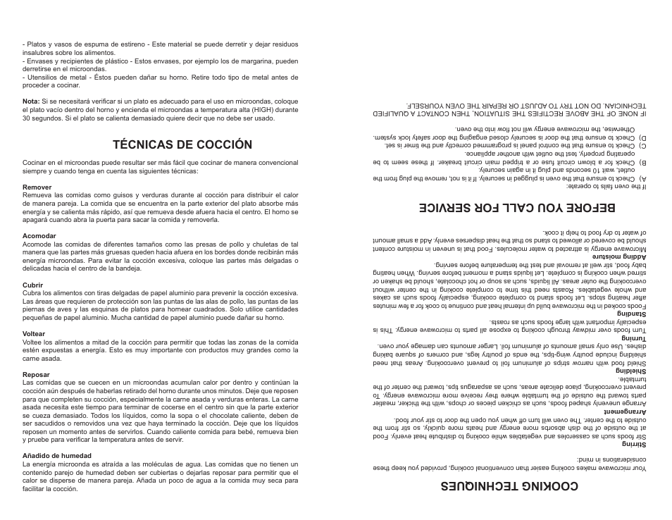 Cooking techniques, Before you call for service, Técnicas de cocción | Continental Electric CE21111 User Manual | Page 18 / 24