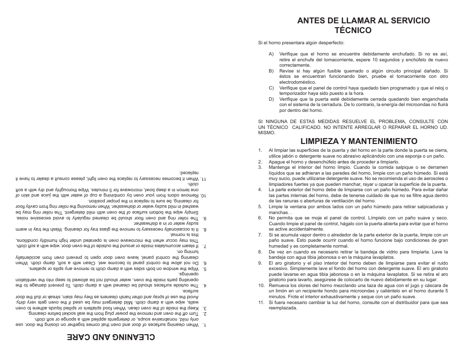 Cleaning and care, Antes de llamar al servicio técnico, Limpieza y mantenimiento | Continental Electric CE21111 User Manual | Page 19 / 24