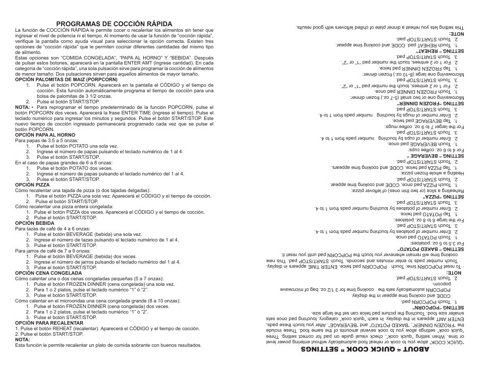 About “ quick cook ” settings, Programas de cocción rápida | Continental Electric CE21111 User Manual | Page 24 / 24