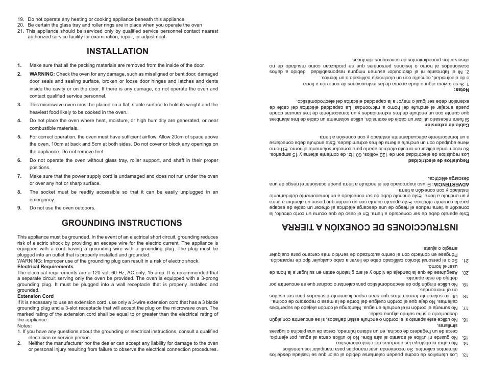 Installation, Grounding instructions, Instrucciones de conexión a tierra | Continental Electric CE21111 User Manual | Page 4 / 24