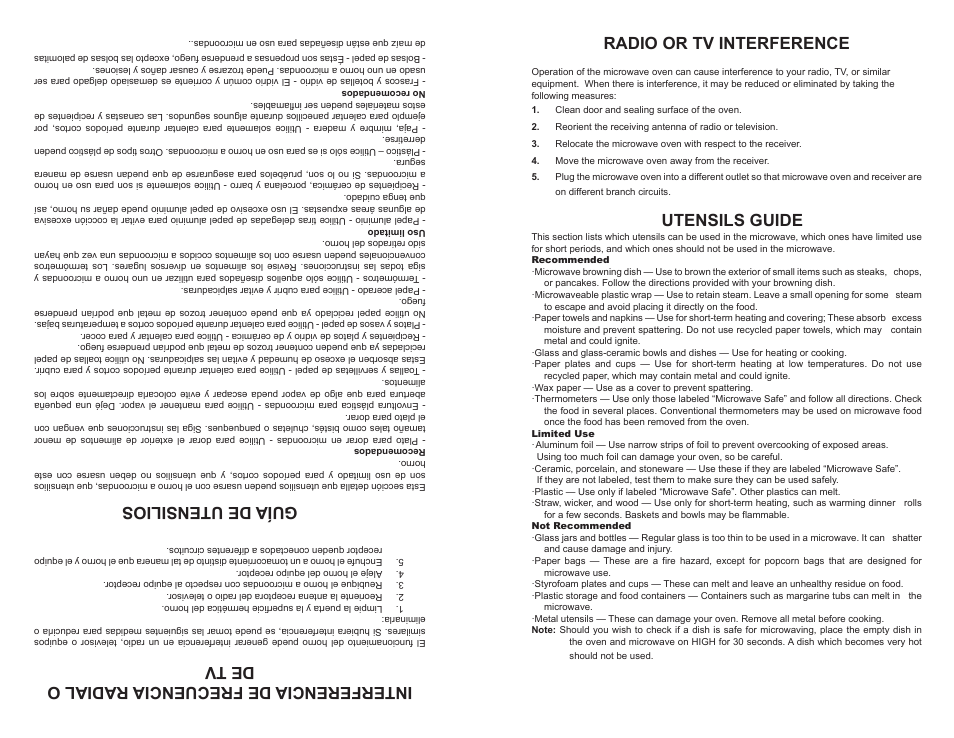 Radio or tv interference, Utensils guide, Interferencia de frecuencia radial o de tv | Guía de utensilios | Continental Electric CE21111 User Manual | Page 5 / 24