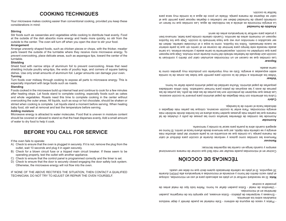 Cooking techniques, Before you call for service, Técnicas de cocción | Continental Electric CE21111 User Manual | Page 6 / 24