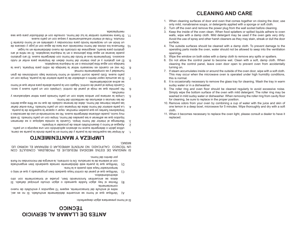 Cleaning and care, Antes de llamar al servicio técnico, Limpieza y mantenimiento | Continental Electric CE21111 User Manual | Page 7 / 24