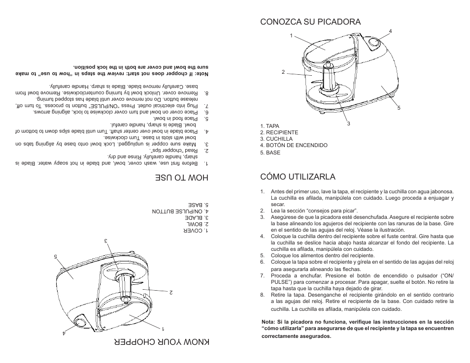 Conozca su picadora, Cómo utilizarla, Know your chopper | How to use | Continental Electric MINI CHOPPER CE22361 User Manual | Page 7 / 8