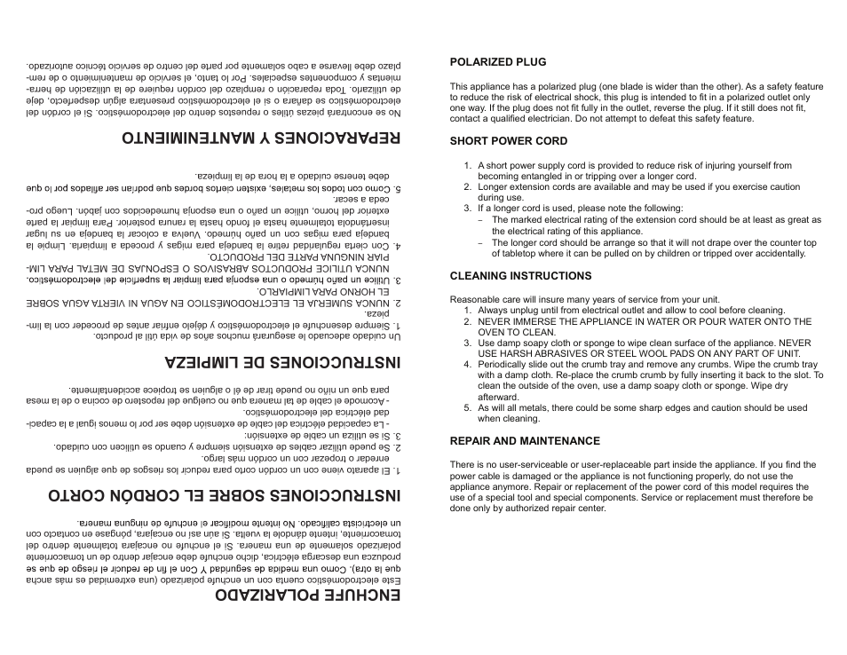 Enchufe polarizado, Instrucciones sobre el cordón cor to, Instrucciones de limpieza | Reparaciones y mantenimien to | Continental Electric CE23551 User Manual | Page 5 / 5