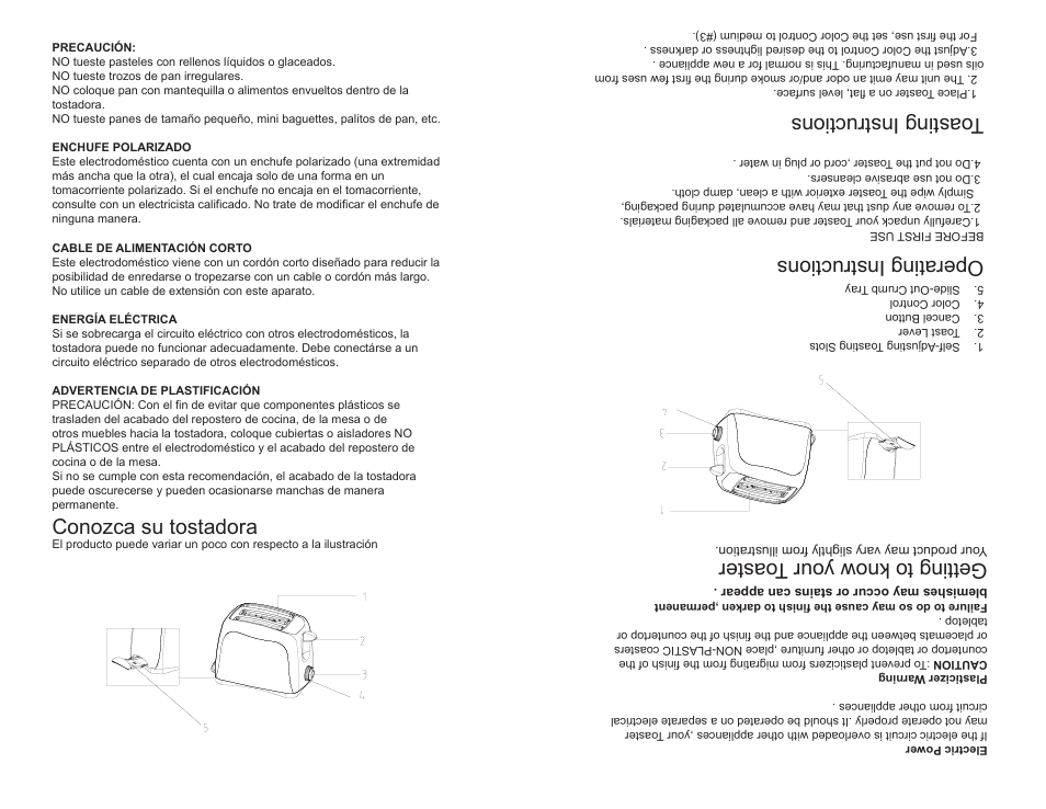 Conozca su tostadora, Getting to know your toaster, Operating instructions | Toasting instructions | Continental Electric CE23431 User Manual | Page 10 / 12