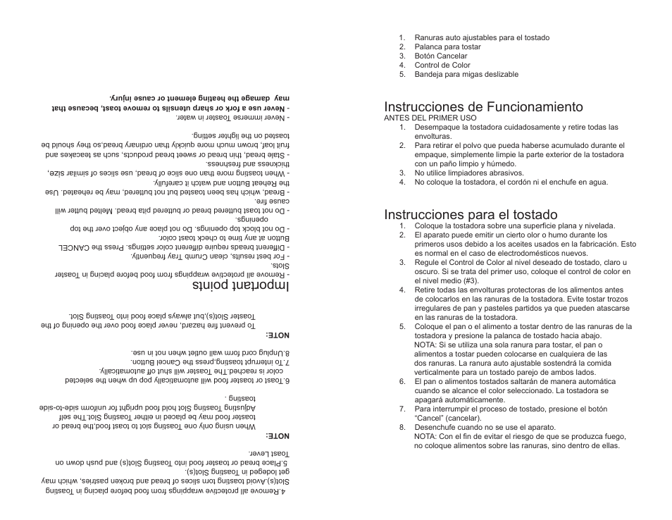 Important points, Instrucciones de funcionamiento, Instrucciones para el tostado | Continental Electric CE23431 User Manual | Page 11 / 12