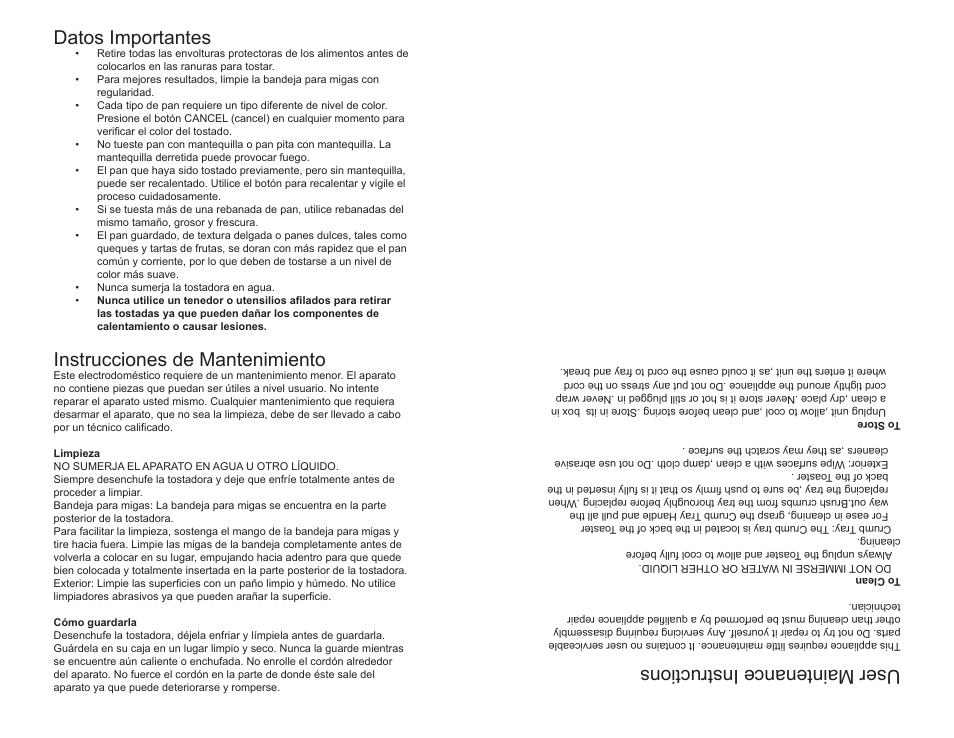 User maintenance instructions, Datos importantes, Instrucciones de mantenimiento | Continental Electric CE23431 User Manual | Page 12 / 12