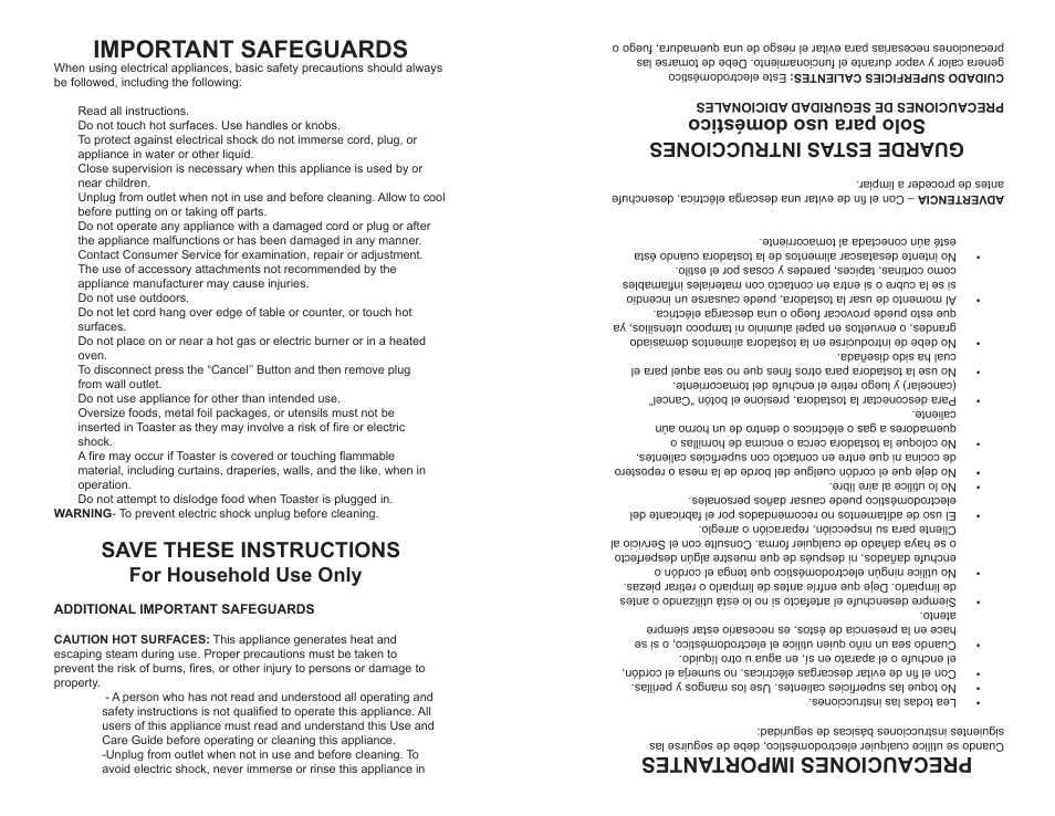 Important safeguards, Save these instructions, Precauciones importantes | For household use only, Guarde estas intrucciones solo para uso doméstico | Continental Electric CE23431 User Manual | Page 2 / 12