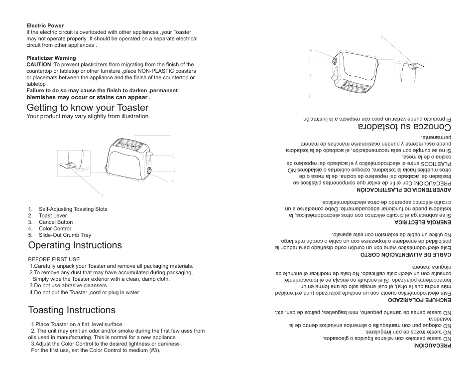 Conozca su tostadora, Getting to know your toaster, Operating instructions | Toasting instructions | Continental Electric CE23431 User Manual | Page 4 / 12