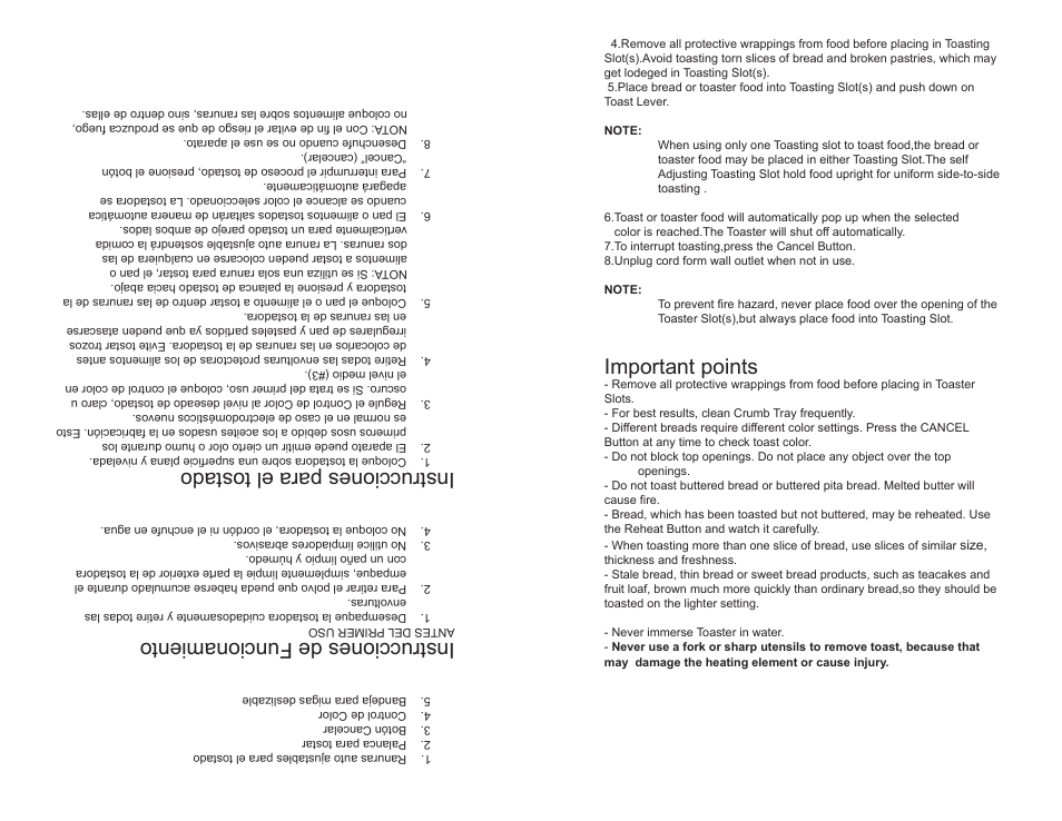 Important points, Instrucciones de funcionamiento, Instrucciones para el tostado | Continental Electric CE23431 User Manual | Page 5 / 12