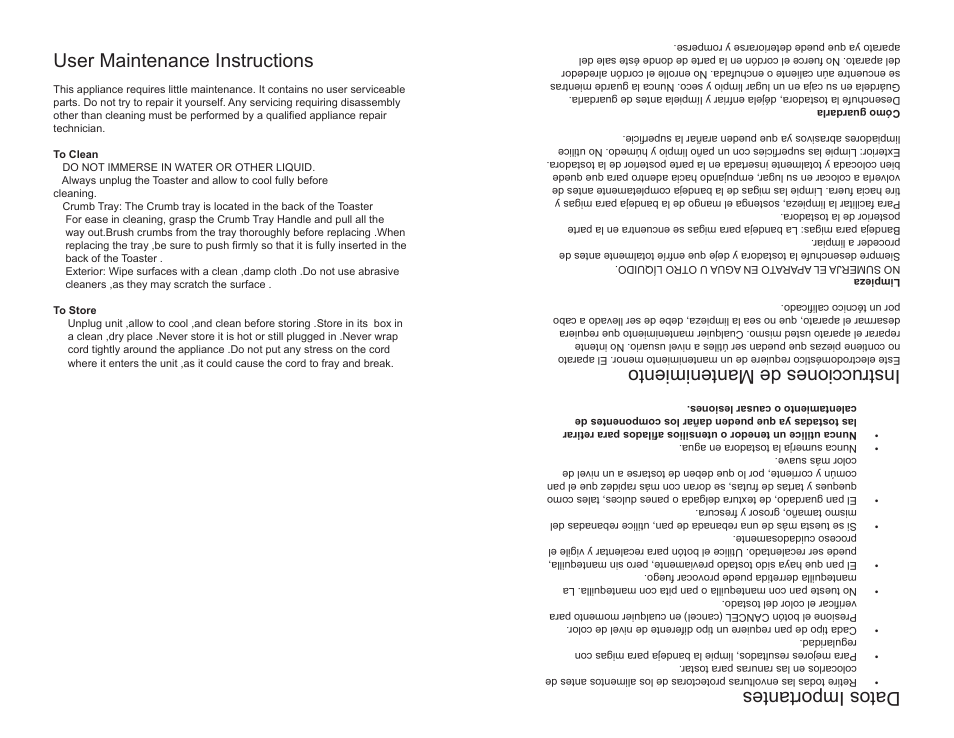 User maintenance instructions, Datos importantes, Instrucciones de mantenimiento | Continental Electric CE23431 User Manual | Page 6 / 12