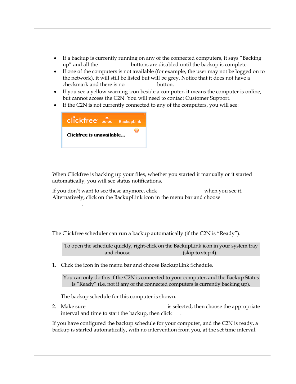 Backuplink troubleshooting, Can i turn off the notifications, Scheduling automatic backups | Clickfree C2N 3.5 User Manual | Page 18 / 25