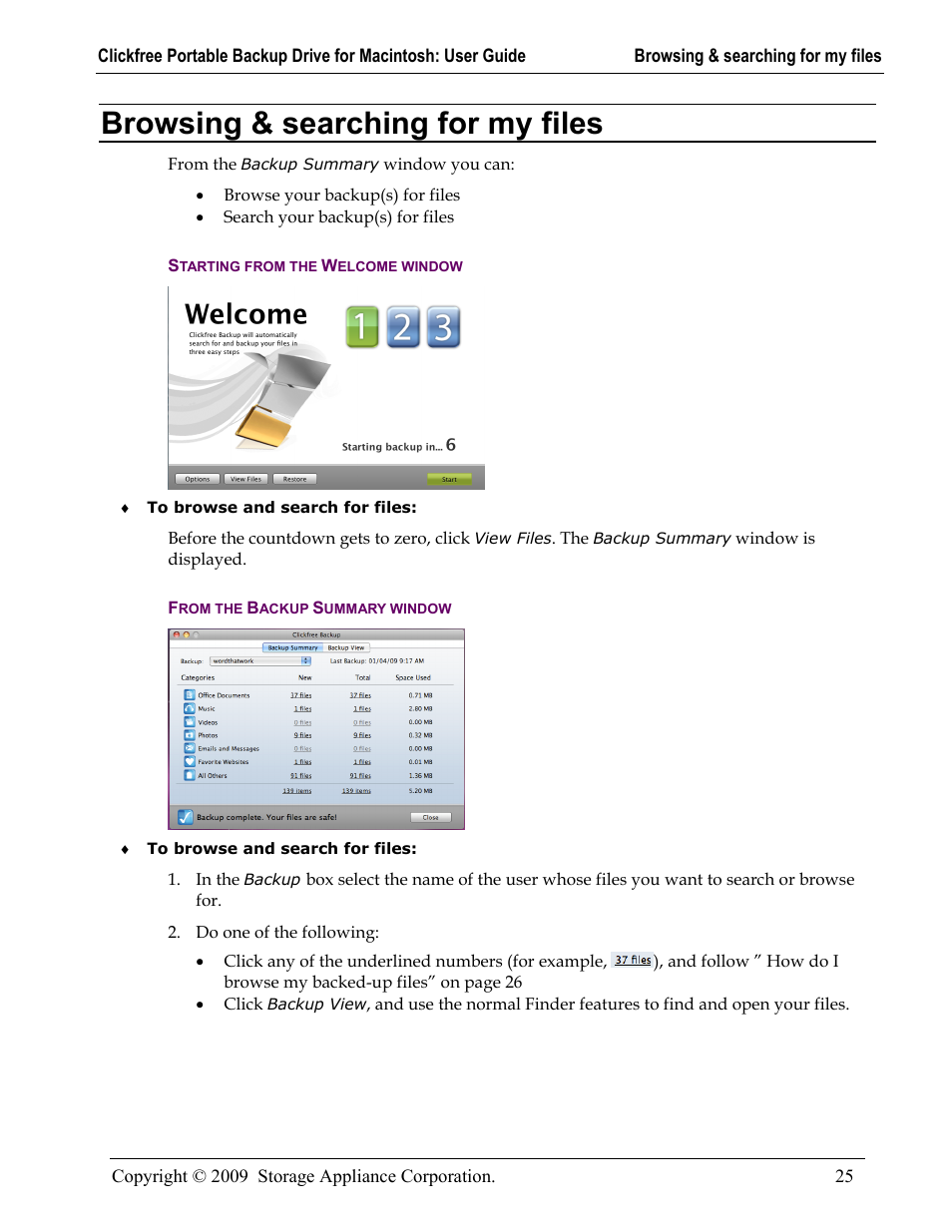 Browsing & searching for my files, Starting from the welcome window, From the backup summary window | Rowsing, Searching for my files, Starting from the welcome window 25, From the backup summary window 25 | Storage Appliance HD225 User Manual | Page 25 / 34
