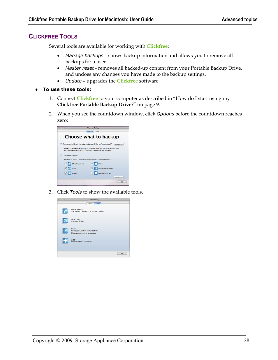Clickfree tools, Lickfree, Ools | Storage Appliance HD225 User Manual | Page 28 / 34