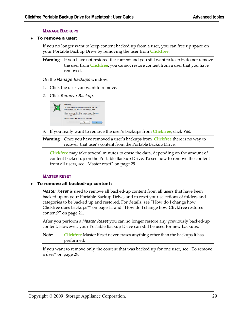 Manage backups, Master reset, Manage backups 29 | Storage Appliance HD225 User Manual | Page 29 / 34
