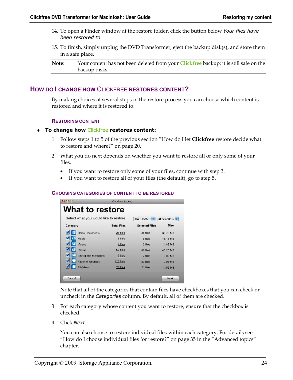 How do i change how clickfree restores content, Restoring content, Choosing categories of content to be restored | Ow do, Change how, Lickfree restores content | Clickfree DVD Transformer User Manual | Page 24 / 37