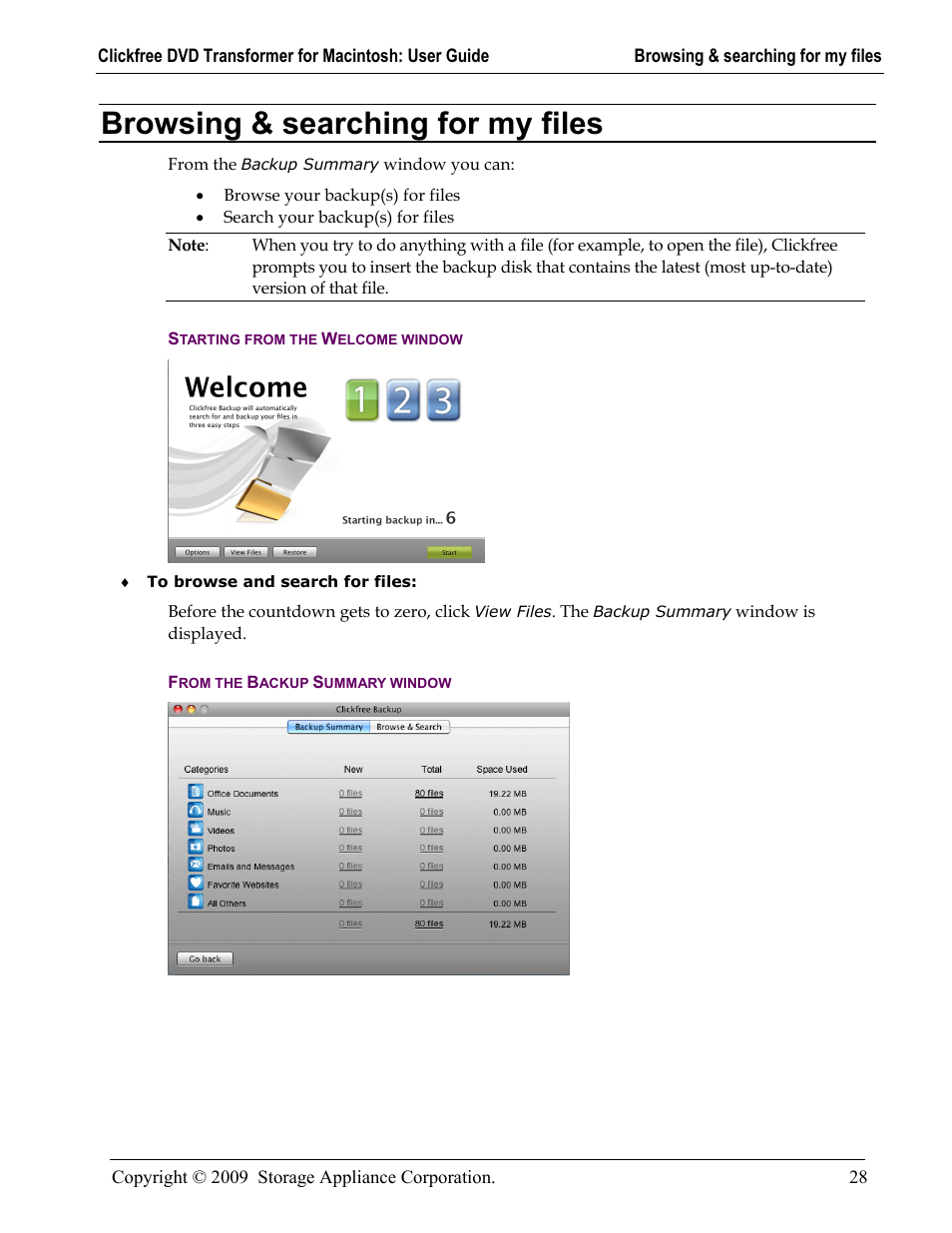 Browsing & searching for my files, Starting from the welcome window, From the backup summary window | Rowsing, Searching for my files | Clickfree DVD Transformer User Manual | Page 28 / 37