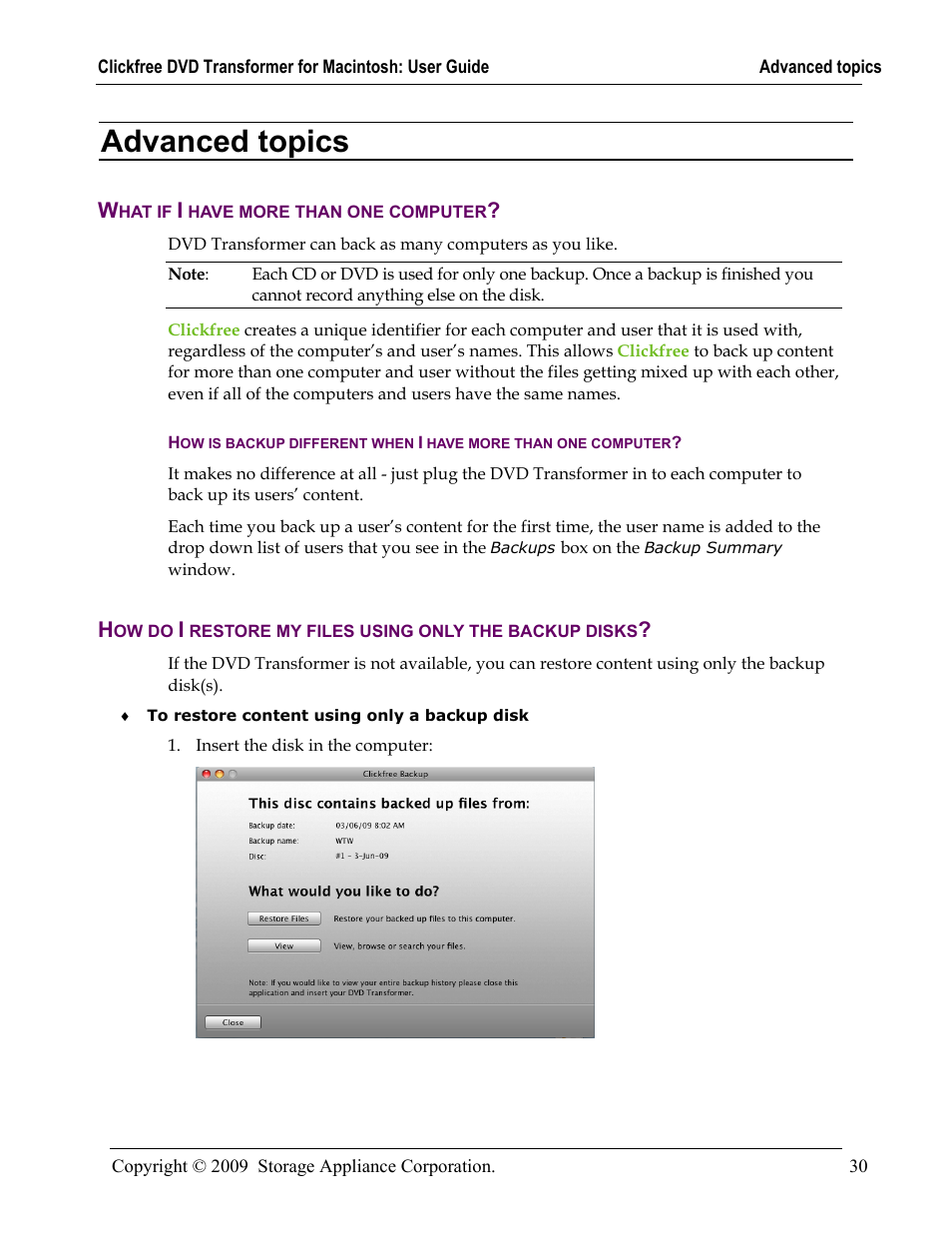 Advanced topics, What if i have more than one computer, Dvanced topics | Hat if, Have more than one computer, Ow do, Restore my files using only the backup disks, In the “advanced topics | Clickfree DVD Transformer User Manual | Page 30 / 37