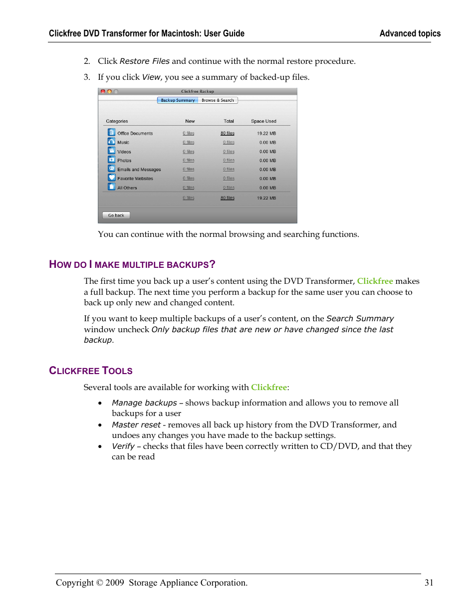 How do i make multiple backups, Clickfree tools, Ow do | Make multiple backups, Lickfree, Ools | Clickfree DVD Transformer User Manual | Page 31 / 37
