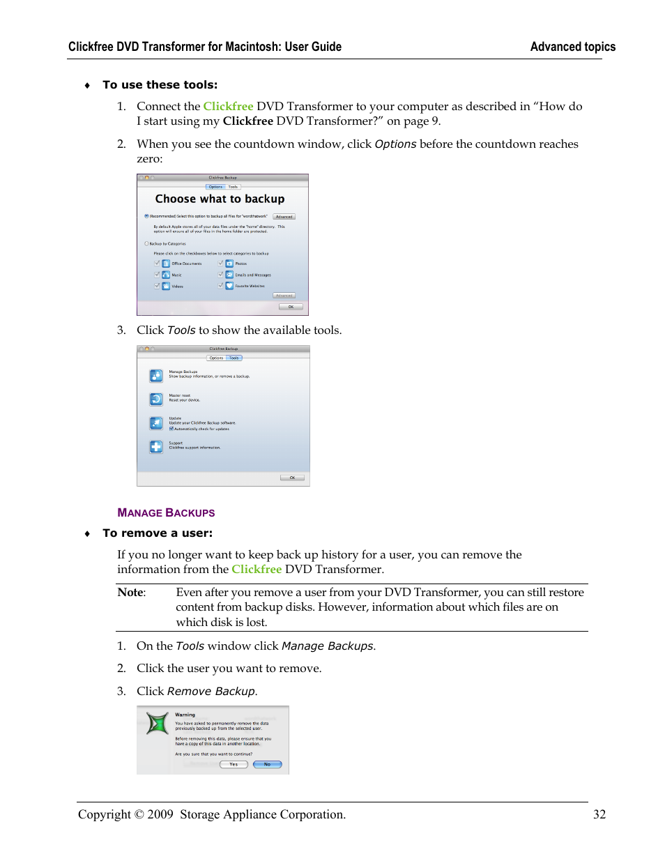 Manage backups | Clickfree DVD Transformer User Manual | Page 32 / 37