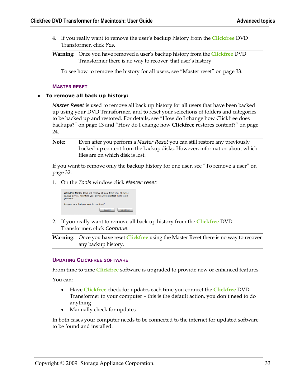 Master reset, Updating clickfree software | Clickfree DVD Transformer User Manual | Page 33 / 37