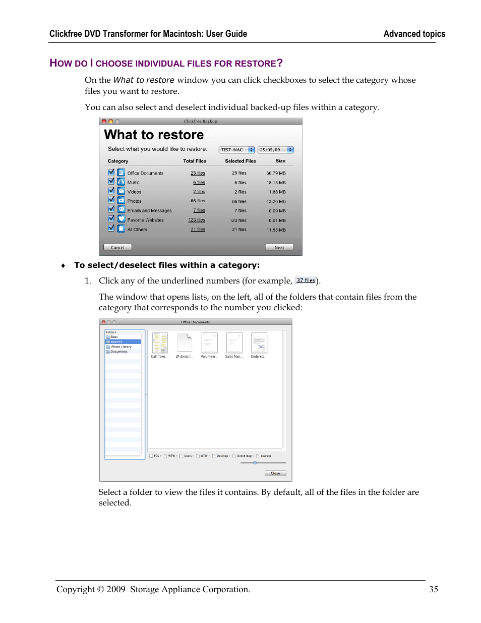 How do i choose individual files for restore, Ow do, Choose individual files for restore | Clickfree DVD Transformer User Manual | Page 35 / 37