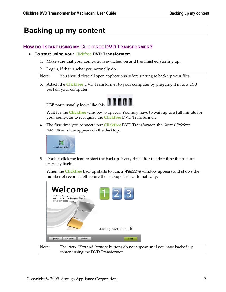 Backing up my content, How do i start using my clickfree dvd transformer, Acking up my content | Ow do, Start using my, Lickfree, Ransformer | Clickfree DVD Transformer User Manual | Page 9 / 37