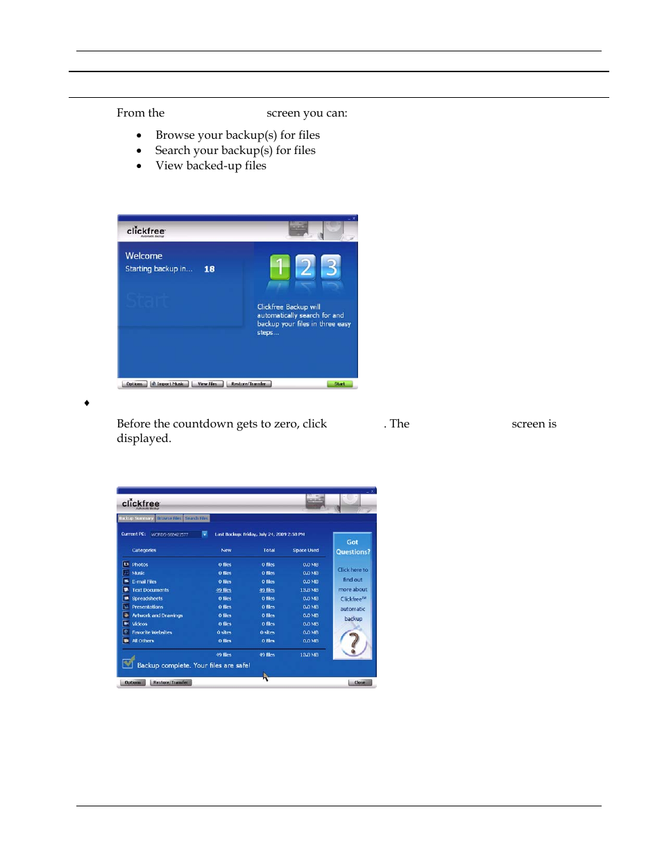 Browsing, searching & viewing my files (ipod), Starting from the welcome screen, From the backup summary screen | Files, Wsing, Searching, Viewing my, Starting from the welcome screen 104 | Clickfree Transformer SE User Manual | Page 104 / 132