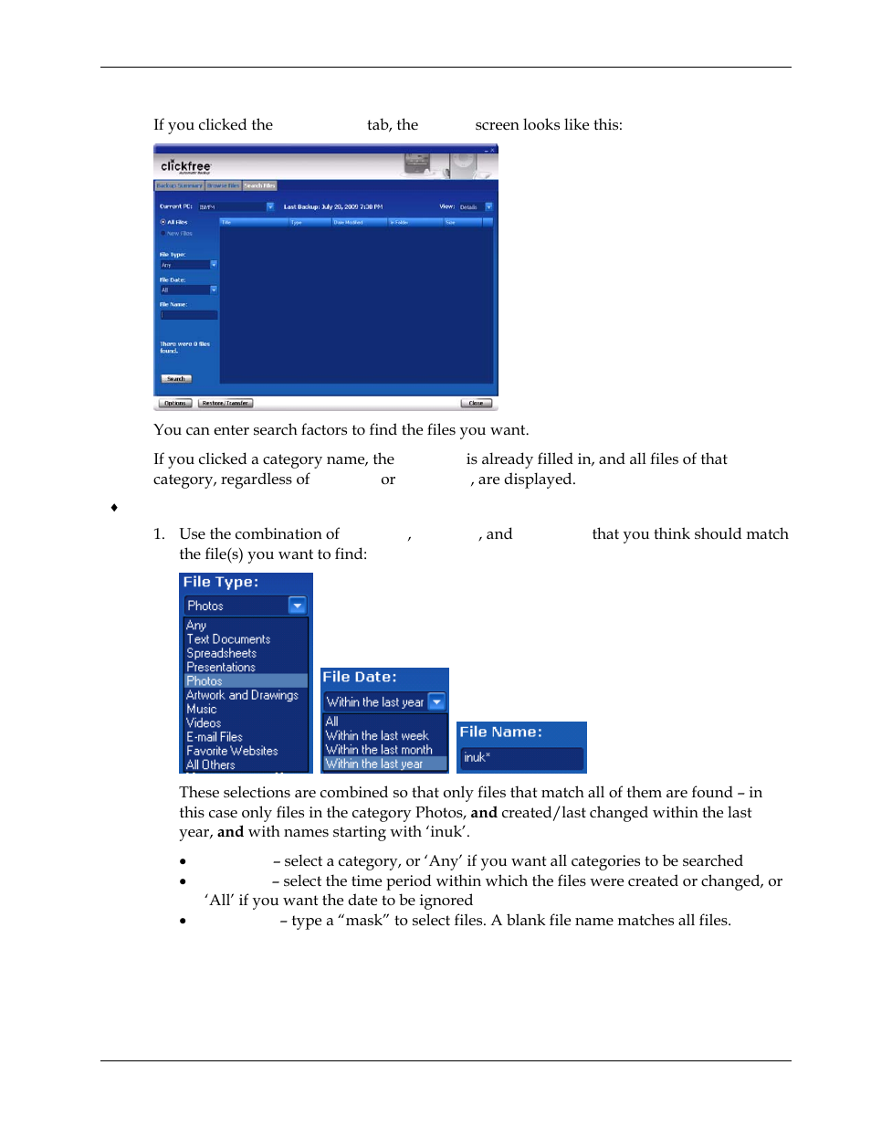 How do i search for my backed-up files | Clickfree Transformer SE User Manual | Page 106 / 132