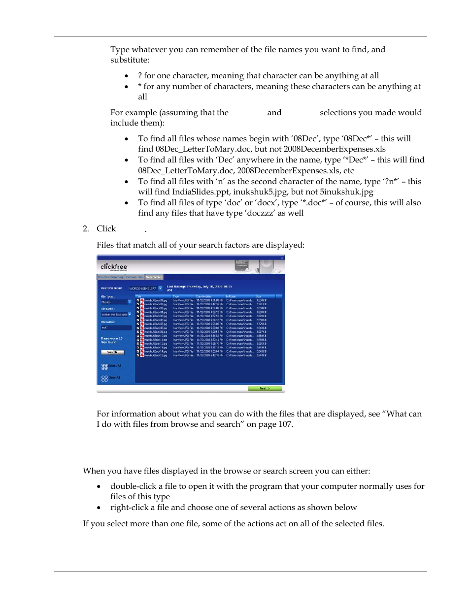 What can i do with files from browse and search | Clickfree Transformer SE User Manual | Page 107 / 132