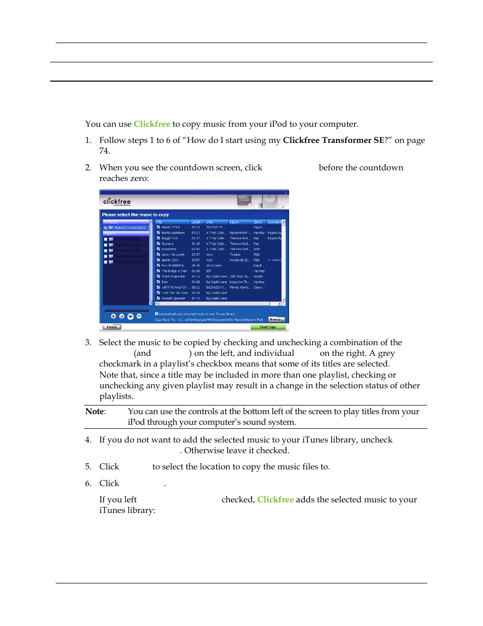 Advanced topics (ipod), How do i import music from my ipod to my computer, Dvanced topics | Ow do, Import music from my i, Od to my, Advanced topics” chapter, Advanced topics, In the “advanced topics | Clickfree Transformer SE User Manual | Page 110 / 132