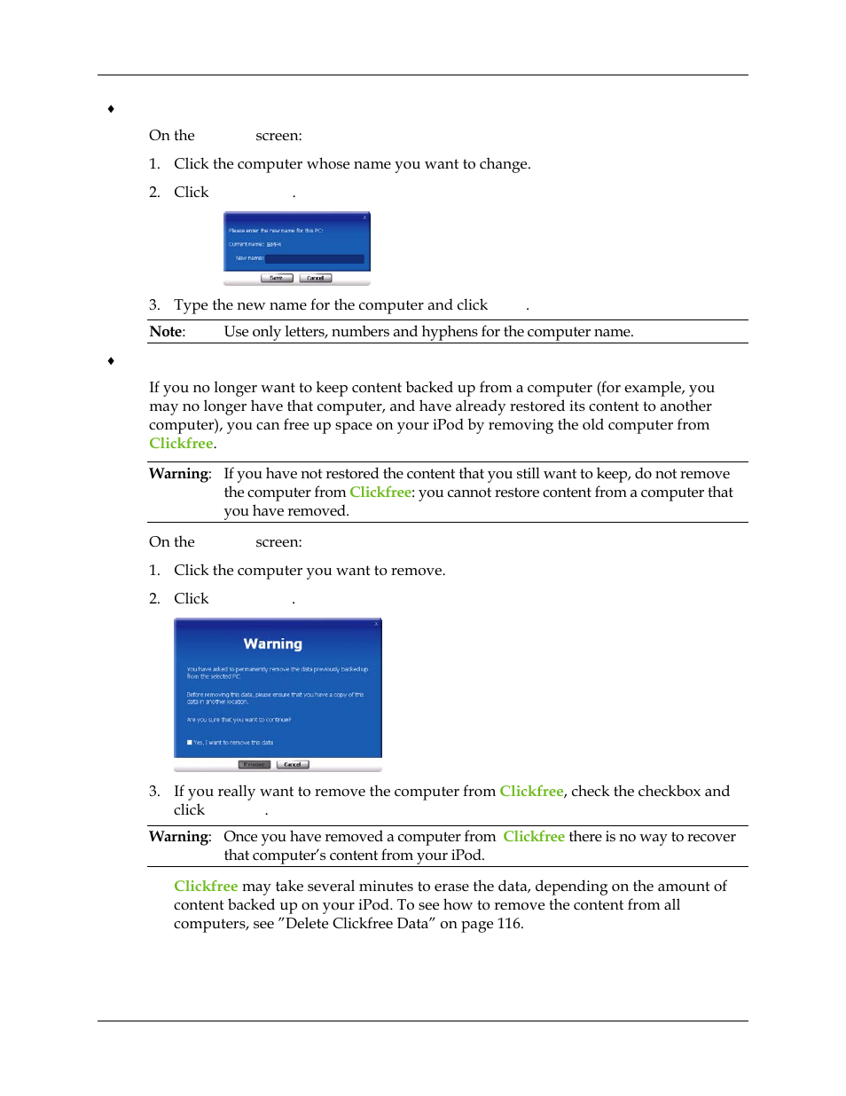 Screen. see “to rename a | Clickfree Transformer SE User Manual | Page 113 / 132