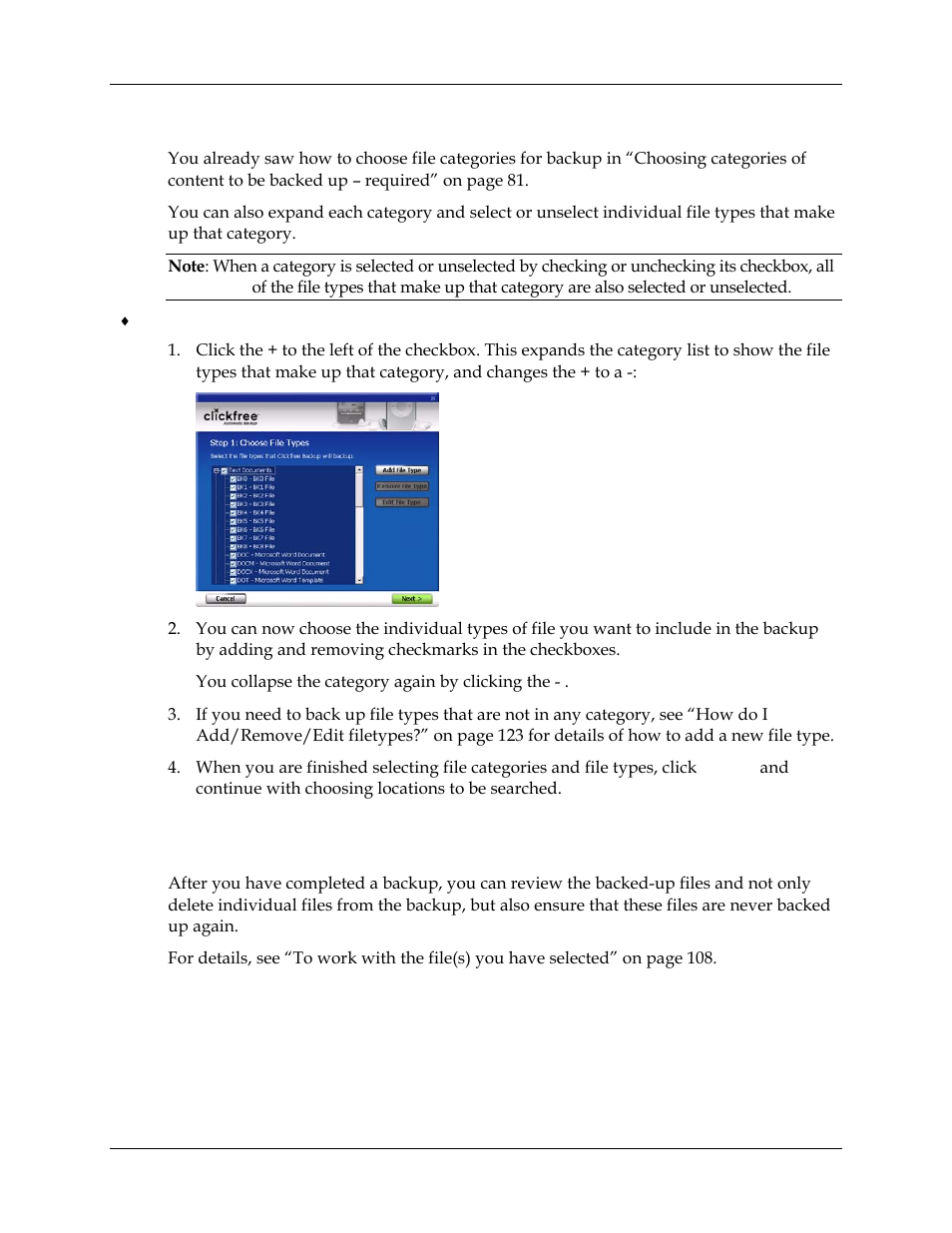 How do i choose individual file types for backup, Can i exclude a file from backup, Ow do | Choose individual file types for backup, Exclude a file from backup, See “how do i choose, Individual file types for backup, 125 in the | Clickfree Transformer SE User Manual | Page 125 / 132